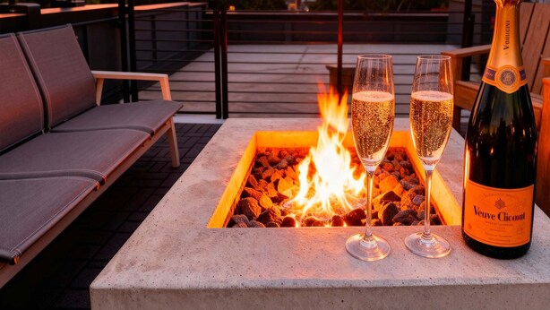 A terrace with a fire pit, two glasses of champagne, and a bottle of Veuve Clicquot on a table. - Luxe 4BR With Fire Pit Grill and City Views (Nashville)