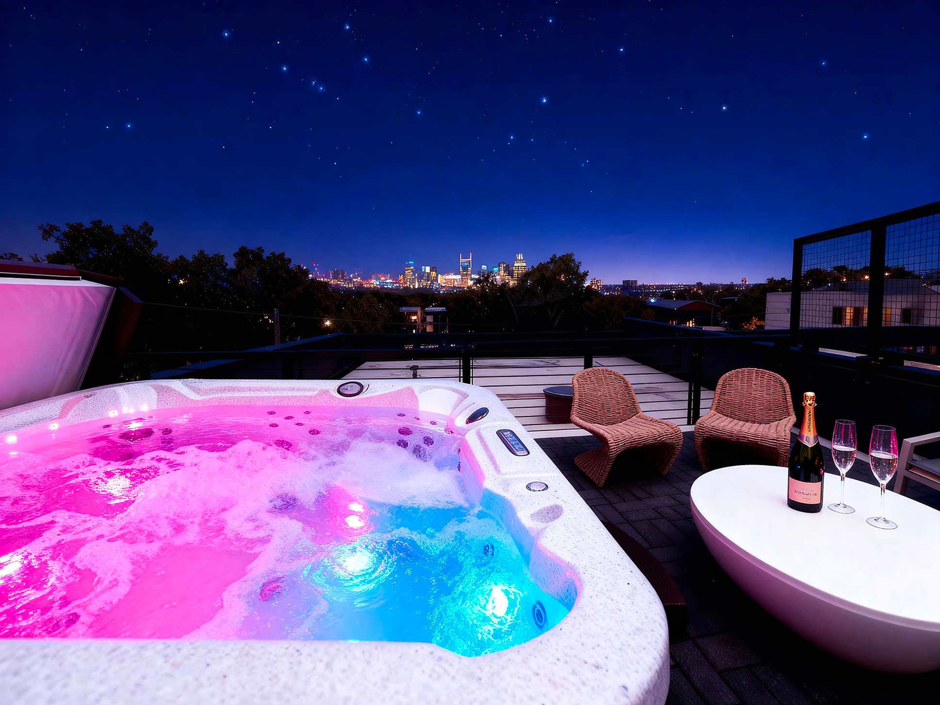 A rooftop terrace with a hot tub, wicker chairs, a table with a bottle of champagne, and a city skyline view at dusk.