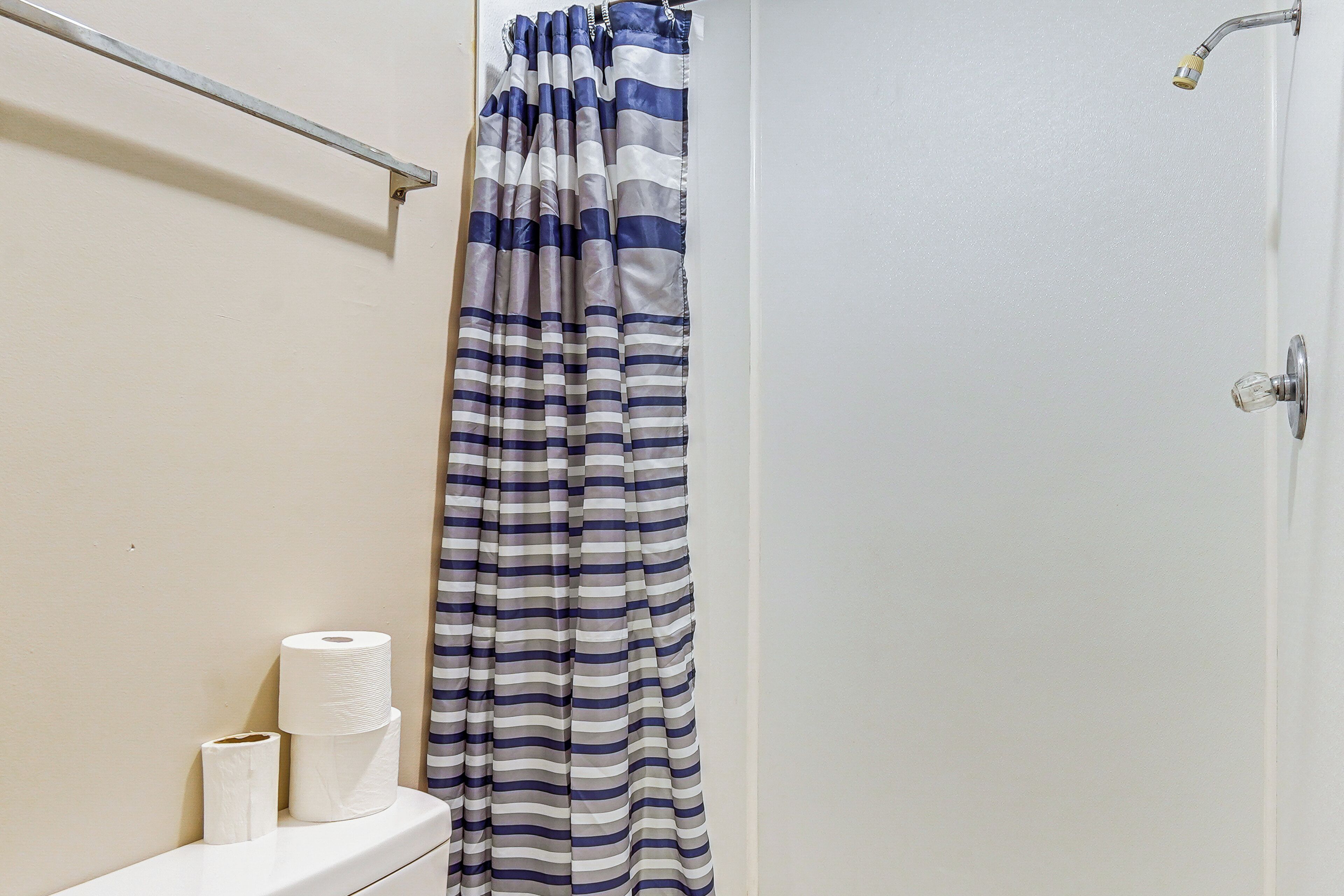 A bathroom with a shower curtain, toilet paper, and a showerhead.