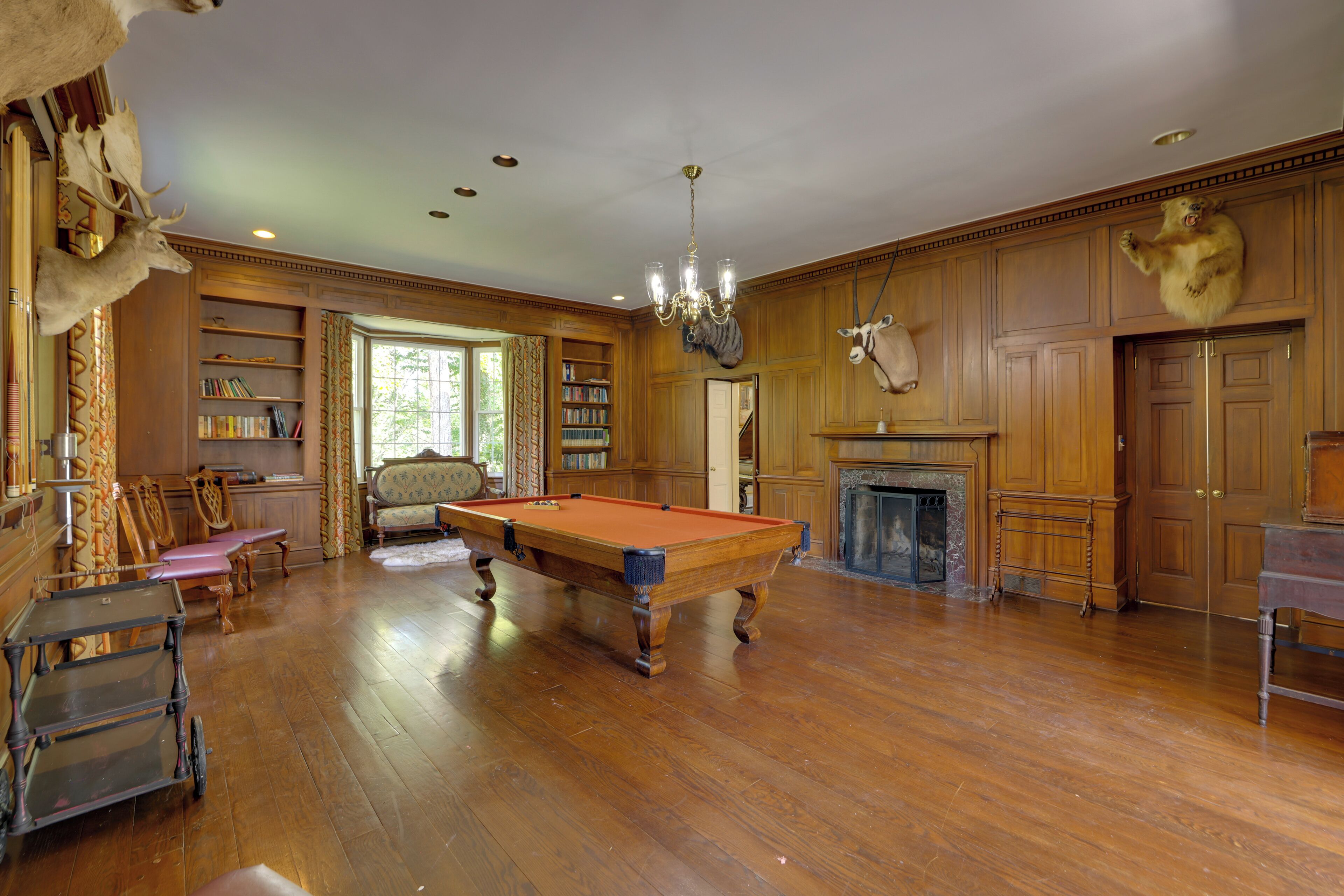 Une pièce spacieuse équipée d’une table de billard, de bibliothèques en bois, d’une cheminée et d’un lustre.