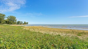 A beach with a grassy foreground and trees in the background. - Port Hope Escape: Fire Pit, Deck & Lake Views (Port Hope)