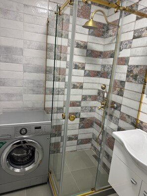 Hair dryer, towels, soap, toilet paper