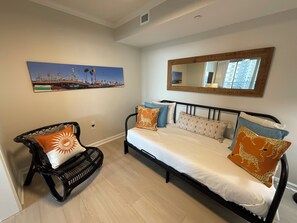 2 bedrooms, desk, iron/ironing board, travel cot