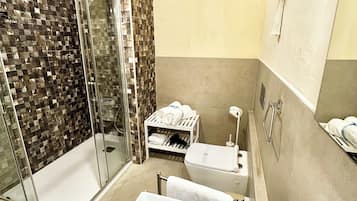 Shower, hair dryer, bidet, towels