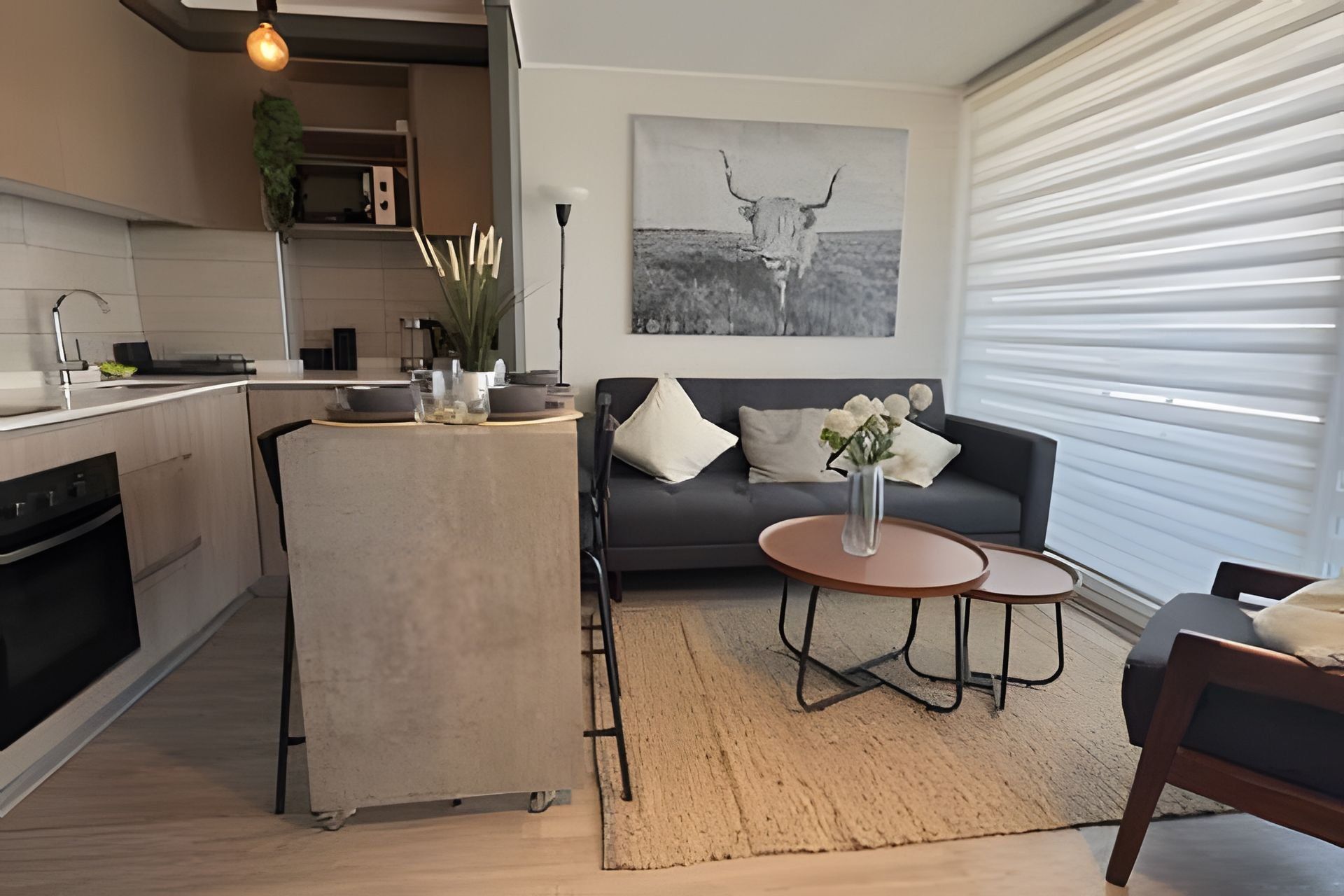 A modern kitchen with a central island, a grey sofa with cushions, a round coffee table, and a wall-mounted artwork of a bull.