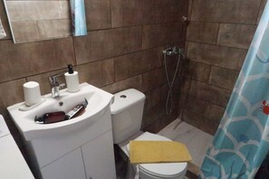 Shower, towels, soap, toilet paper