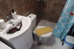 Shower, towels, soap, toilet paper