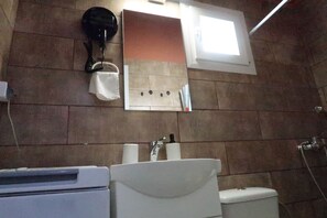 Shower, towels, soap, toilet paper