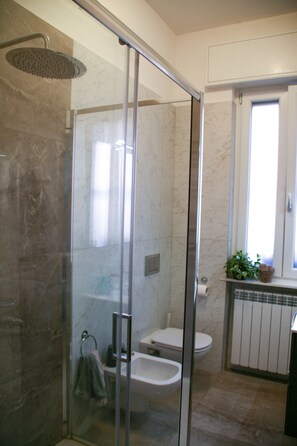 Bidet, towels, soap, toilet paper