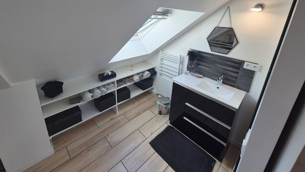 A compact, modern bathroom with a skylight, a large mirror, and a white vanity.