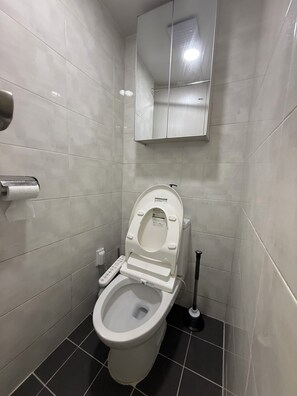 Hair dryer, towels, soap, toilet paper
