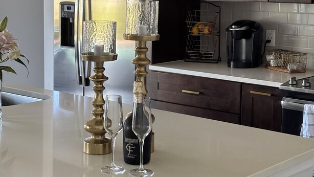 A modern kitchen with dark wooden cabinets, a white countertop, and stainless steel appliances. - New- Villa white Peacock Exclusive Villa with all amenities, top location (Cape Coral)