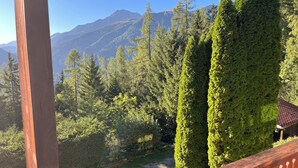 Eine Holzterrasse mit Blick auf eine bewaldete Landschaft, hohe Bäume und einen Berg im Hintergrund.