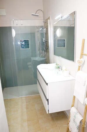 Ducha, secador de pelo, bidé y toallas
