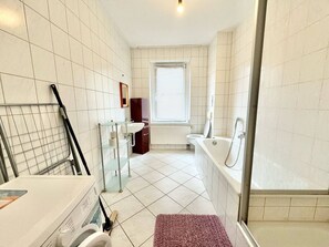 Hair dryer, towels, soap, toilet paper