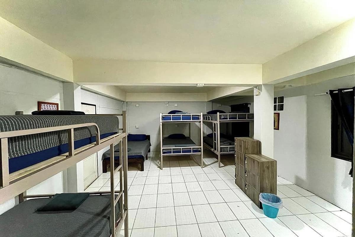 Une chambre de dortoir avec des lits superposés, un petit bureau et une poubelle bleue.
