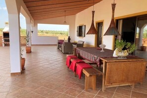 A covered patio area with a dining table set, benches, and hanging pendant lights.