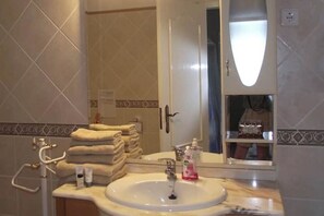 Shower, hair dryer, bidet, towels