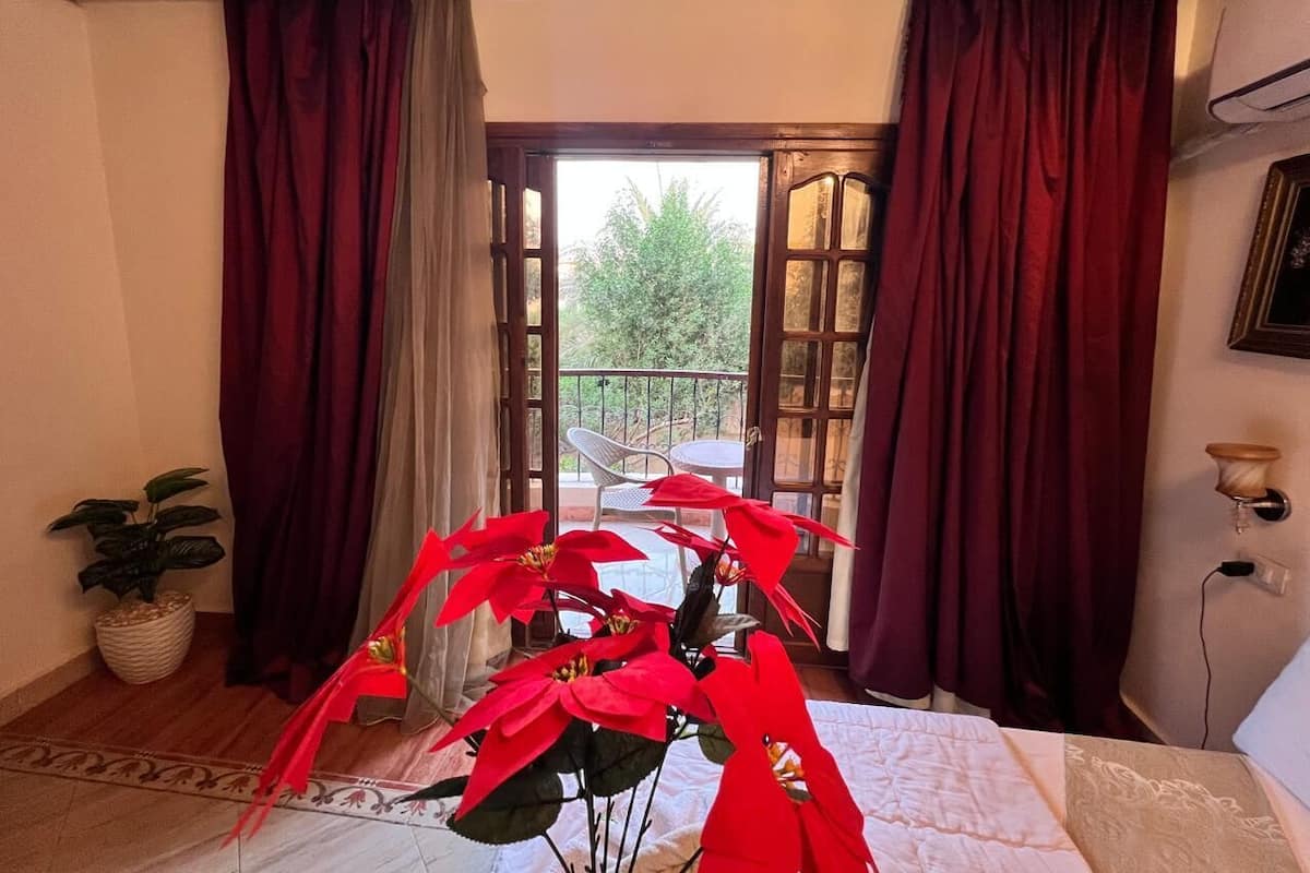 Une chambre avec un lit, une plante en pot, une fenêtre avec des rideaux et un balcon.