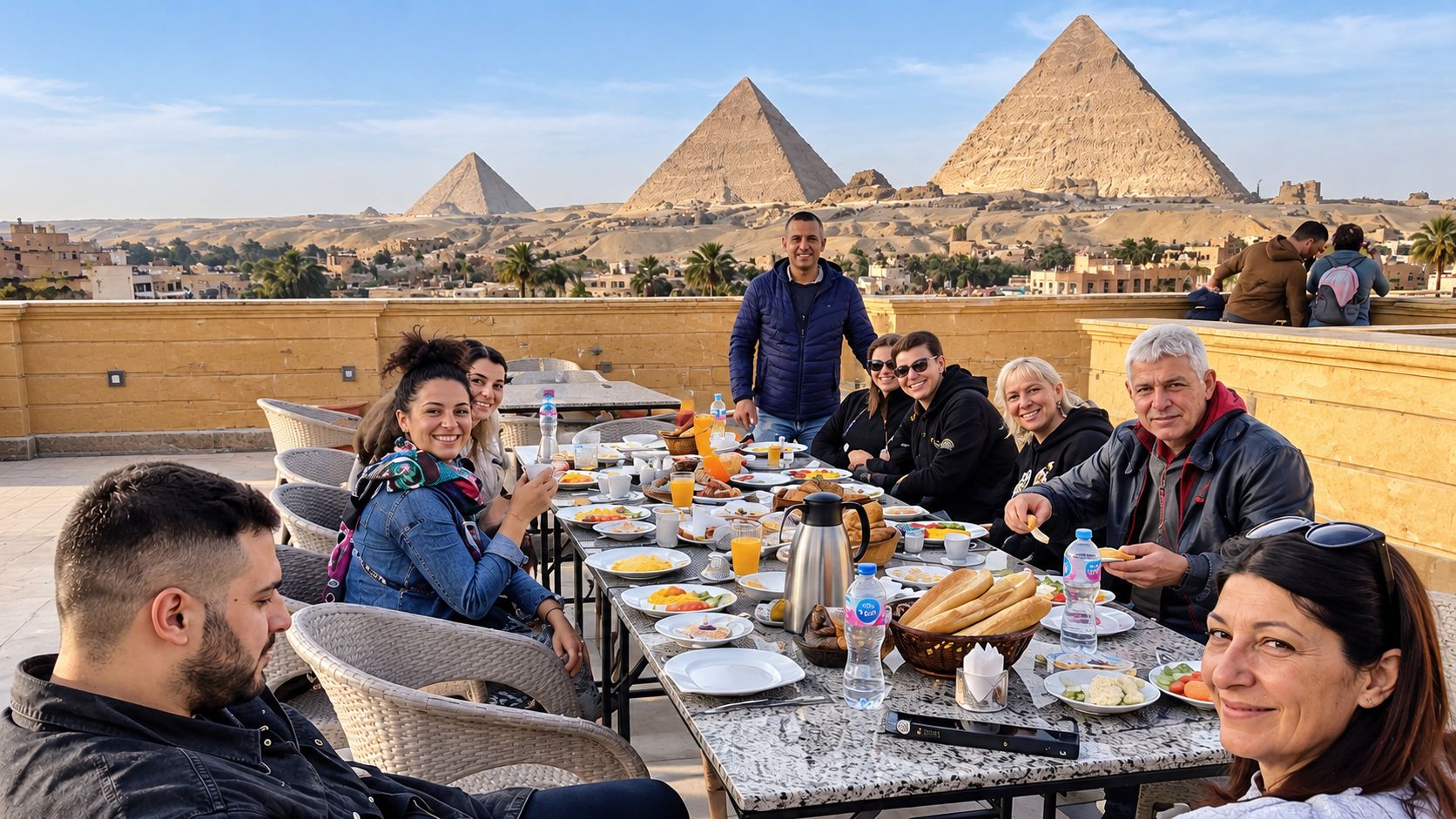 A group of people dining at an outdoor table with a view of the pyramids.