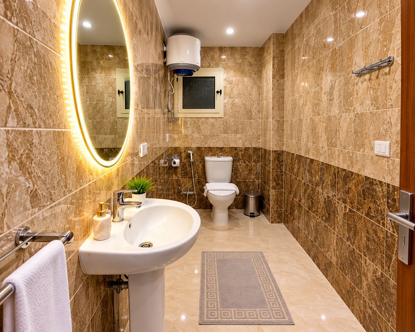 A modern bathroom with a marble floor, a white sink, a toilet, and a shower area.