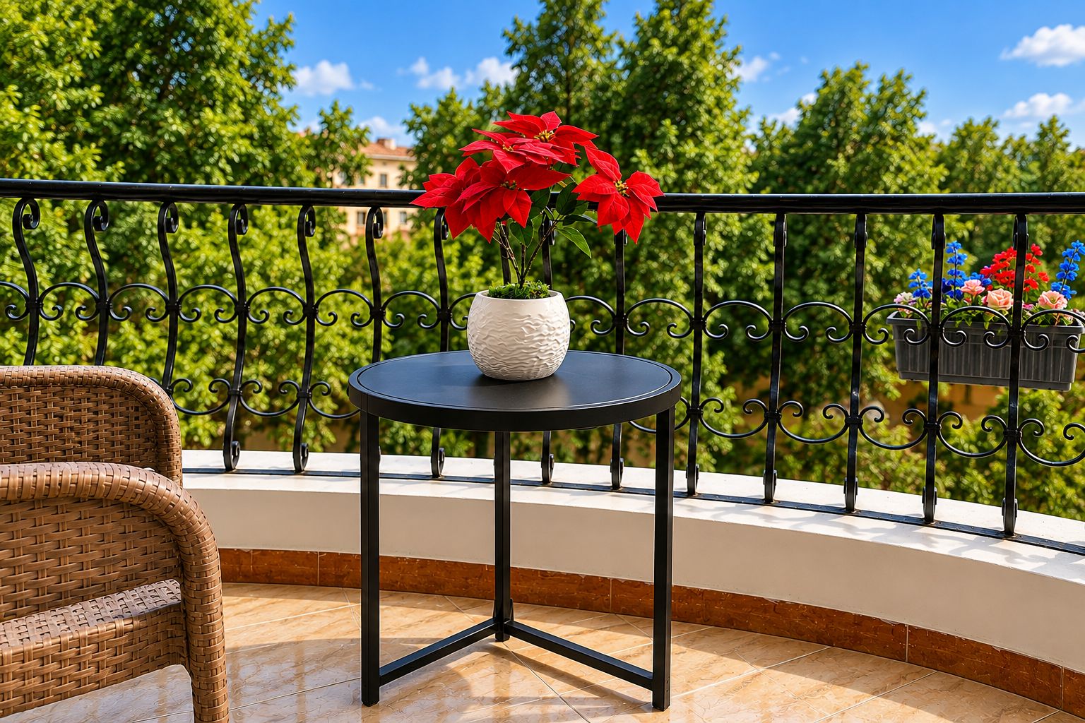 A balcony with a wicker chair, a small round table with a white pot and red flowers, and a metal railing with flower boxes.