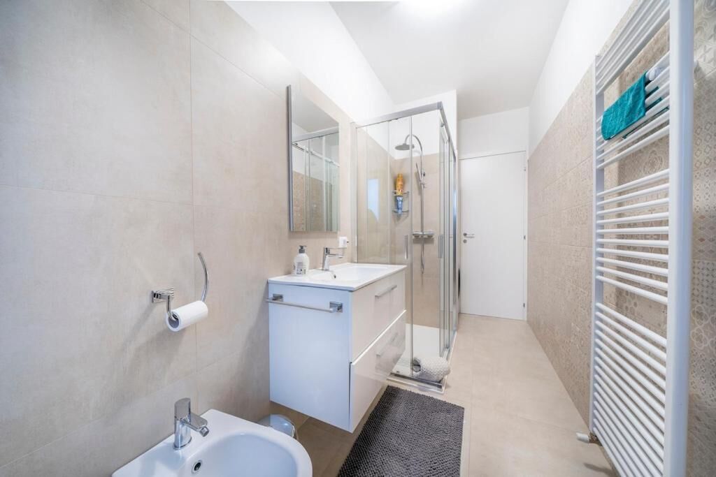 Shower, hair dryer, bidet, towels