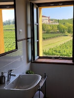 Un baño con un lavamanos grande, una ventana y vistas a un viñedo.