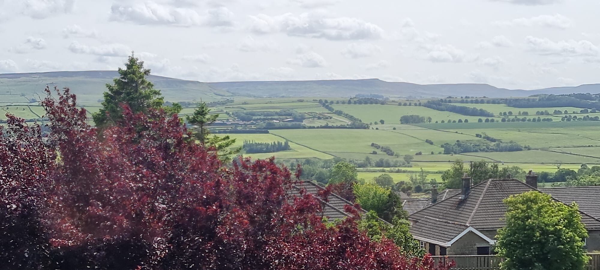 A rural landscape with rolling hills, fields, and a house with a tiled roof.