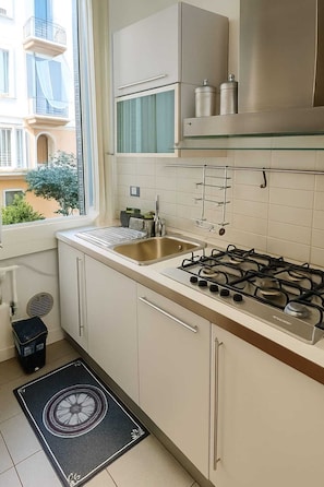 Fridge, microwave, oven, stovetop