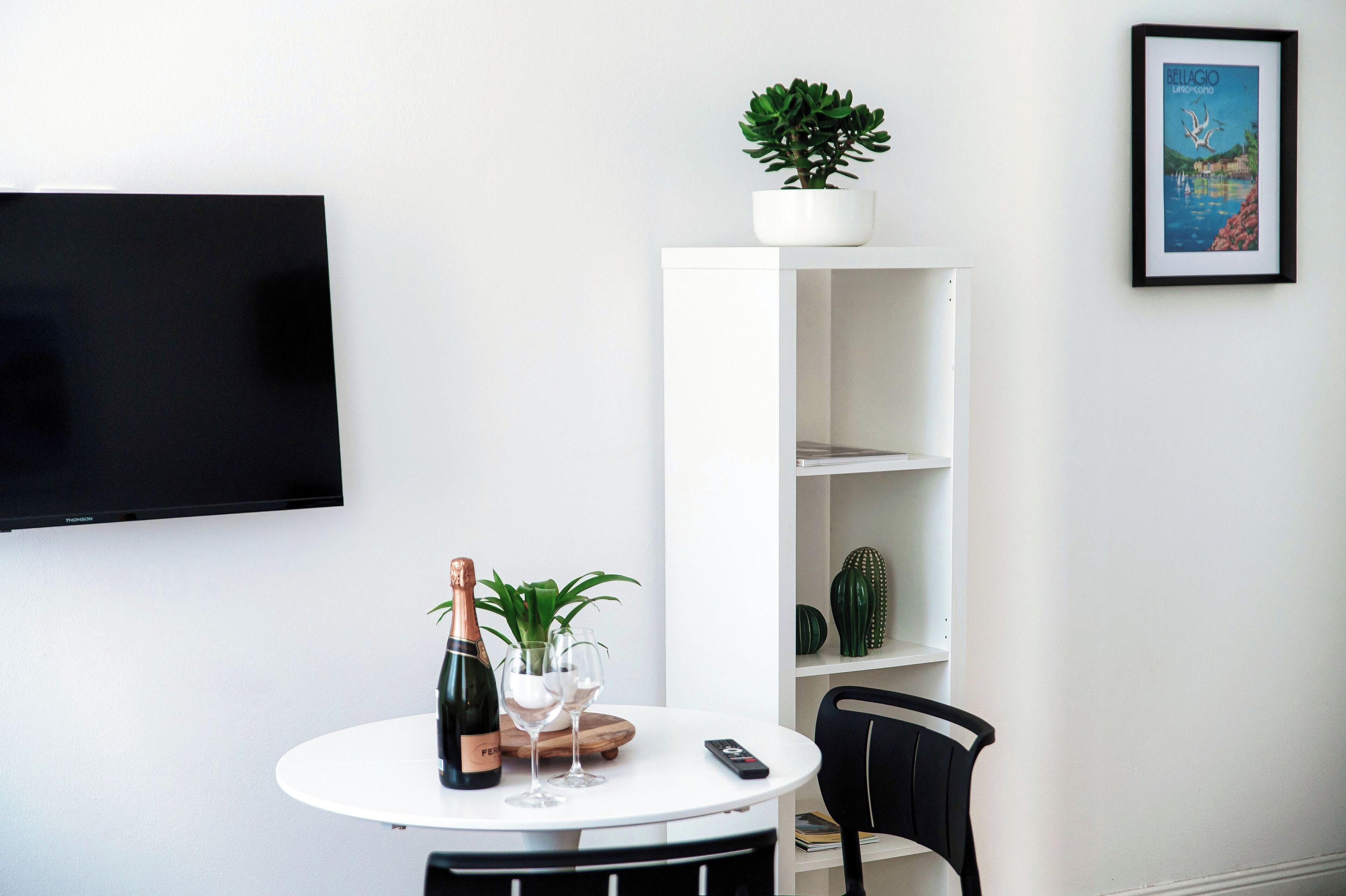 Una sala de estar moderna con un televisor de pantalla plana montado en la pared, una mesa redonda blanca con una botella de champán, dos copas de vino, una planta en maceta y un cactus sobre una estantería blanca.