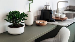 A kitchen counter with a potted plant, a coffee maker, and a bowl of eggs. - Casa Batèl Suites & Apartments (Como)