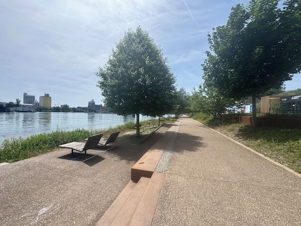 A riverside walkway with benches and trees, overlooking a calm river and city skyline.