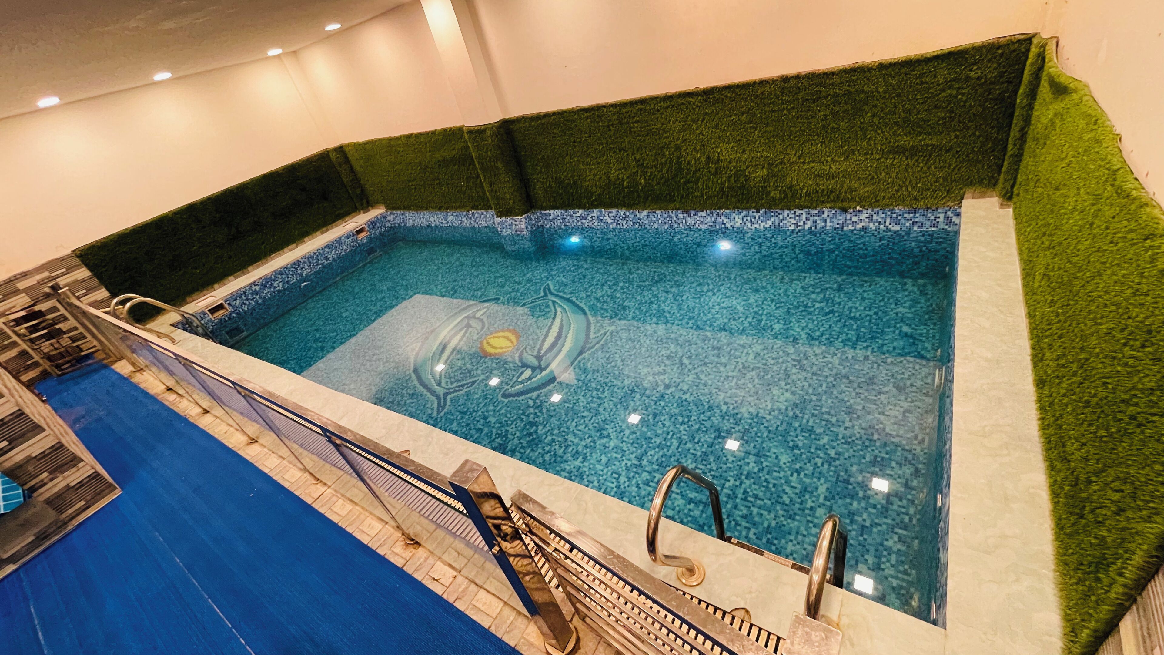 Ein Innenpool mit blau mosaikverlegtem Boden, einem Delphin-Design und einer Wand mit grünem Kunstrasen.