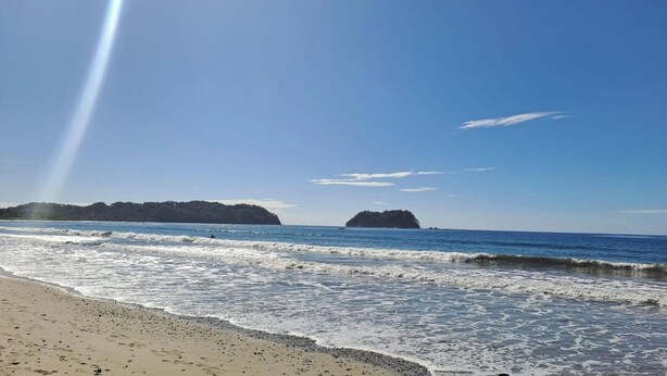A beach with waves, a clear sky, and a distant island.