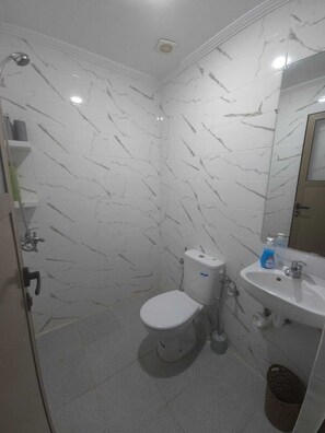 Douche, serviettes fournies, savon, shampooing