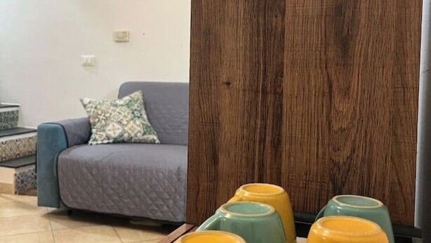 Una sala de estar con un sofá gris, cojines estampados y un panel de madera.