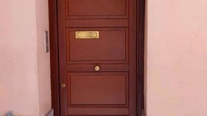 Una puerta de madera con una placa de latón y un pomo redondo.
