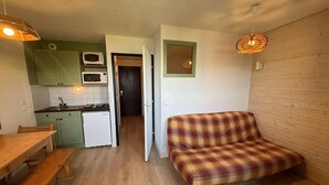A compact living space with a kitchenette, a dining area, and a sofa.