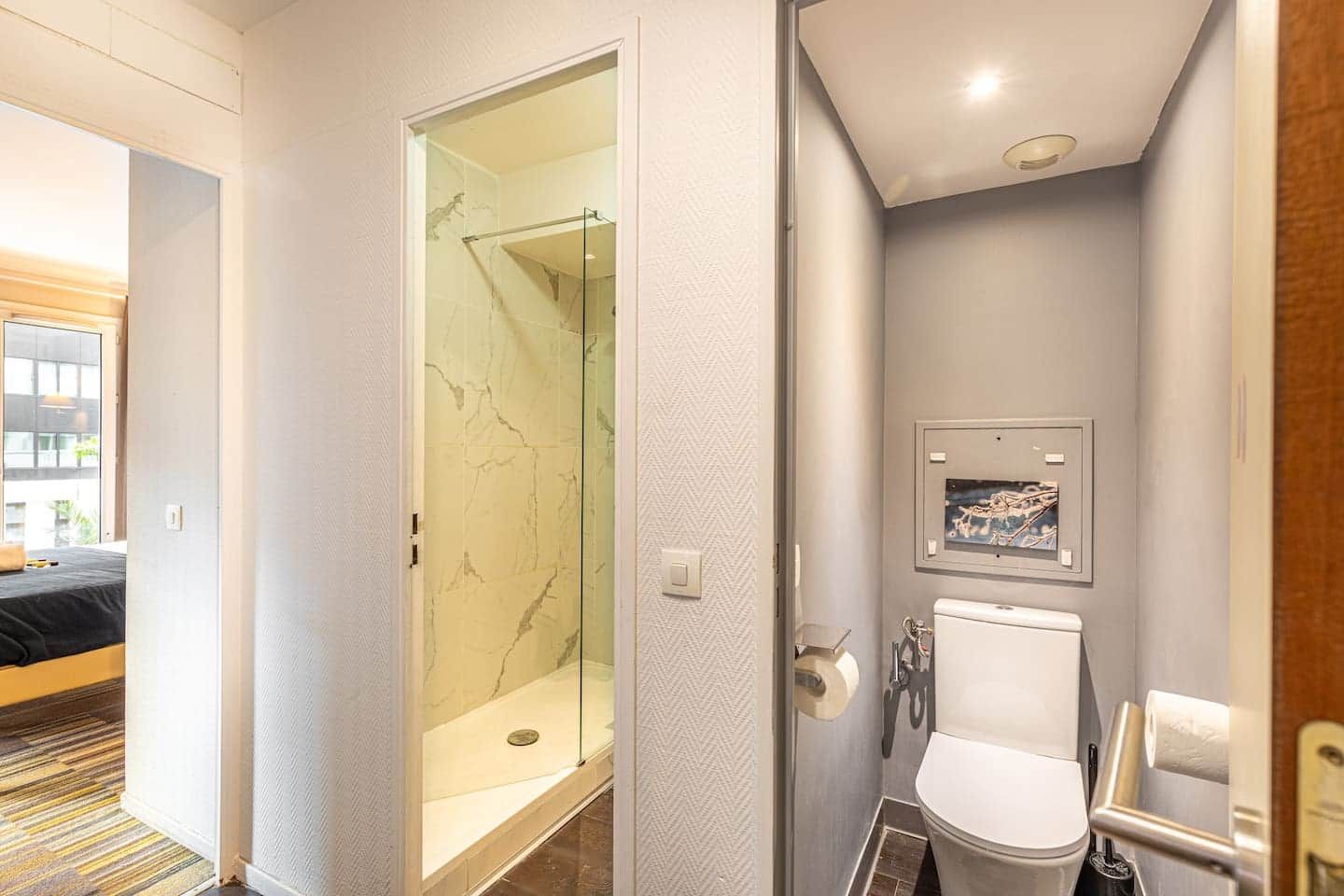 Shower, hair dryer, soap, shampoo
