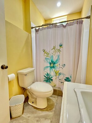 Shower, towels, soap, toilet paper