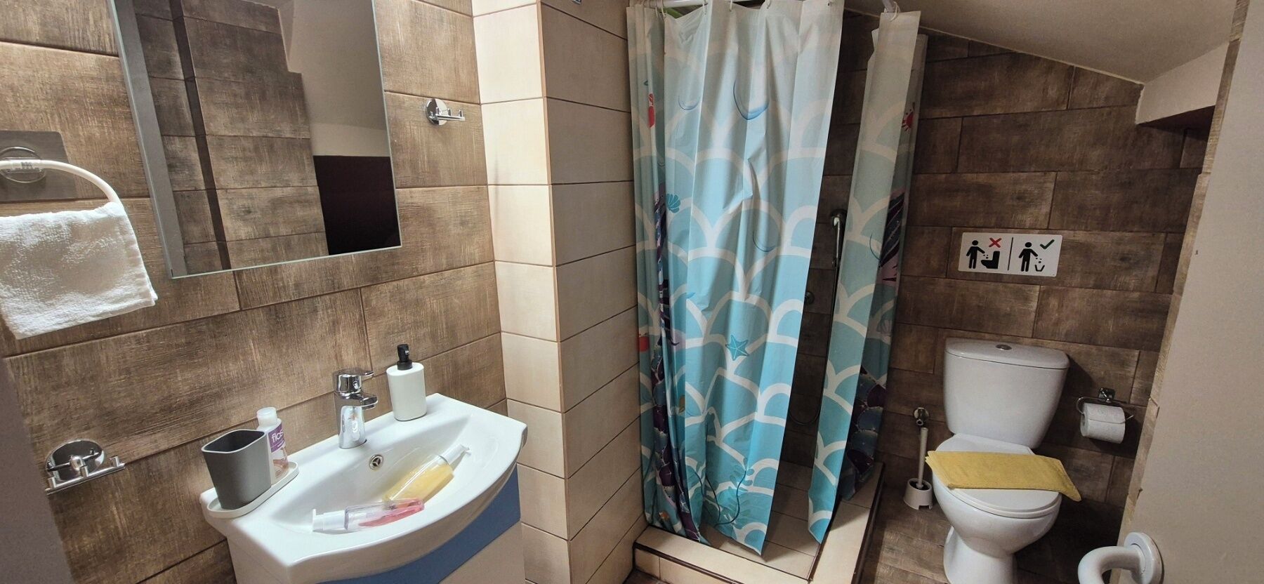 Douche, sèche-cheveux, serviettes fournies, savon