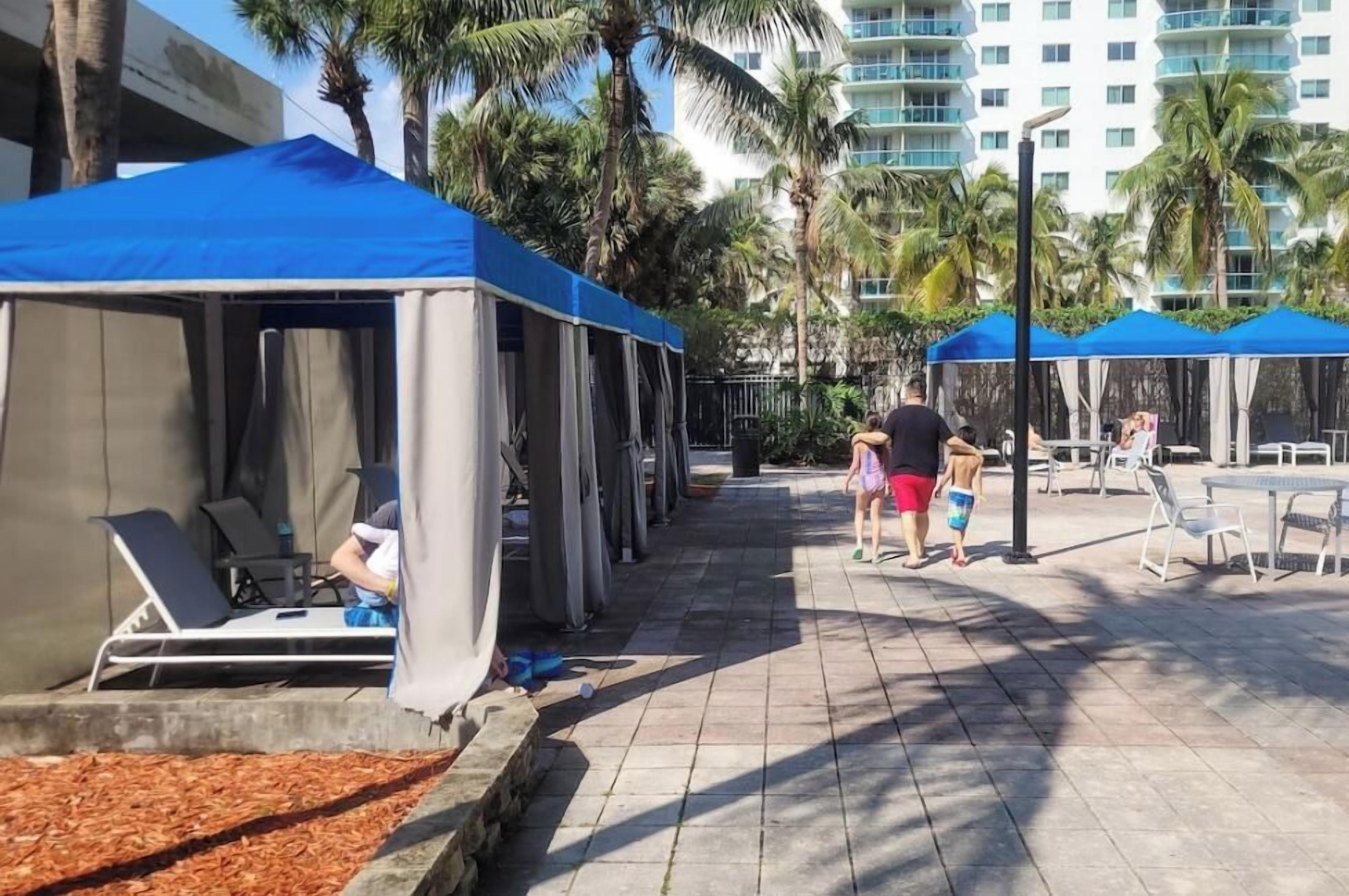 A covered outdoor area with lounge chairs and umbrellas, palm trees, and a building in the background.