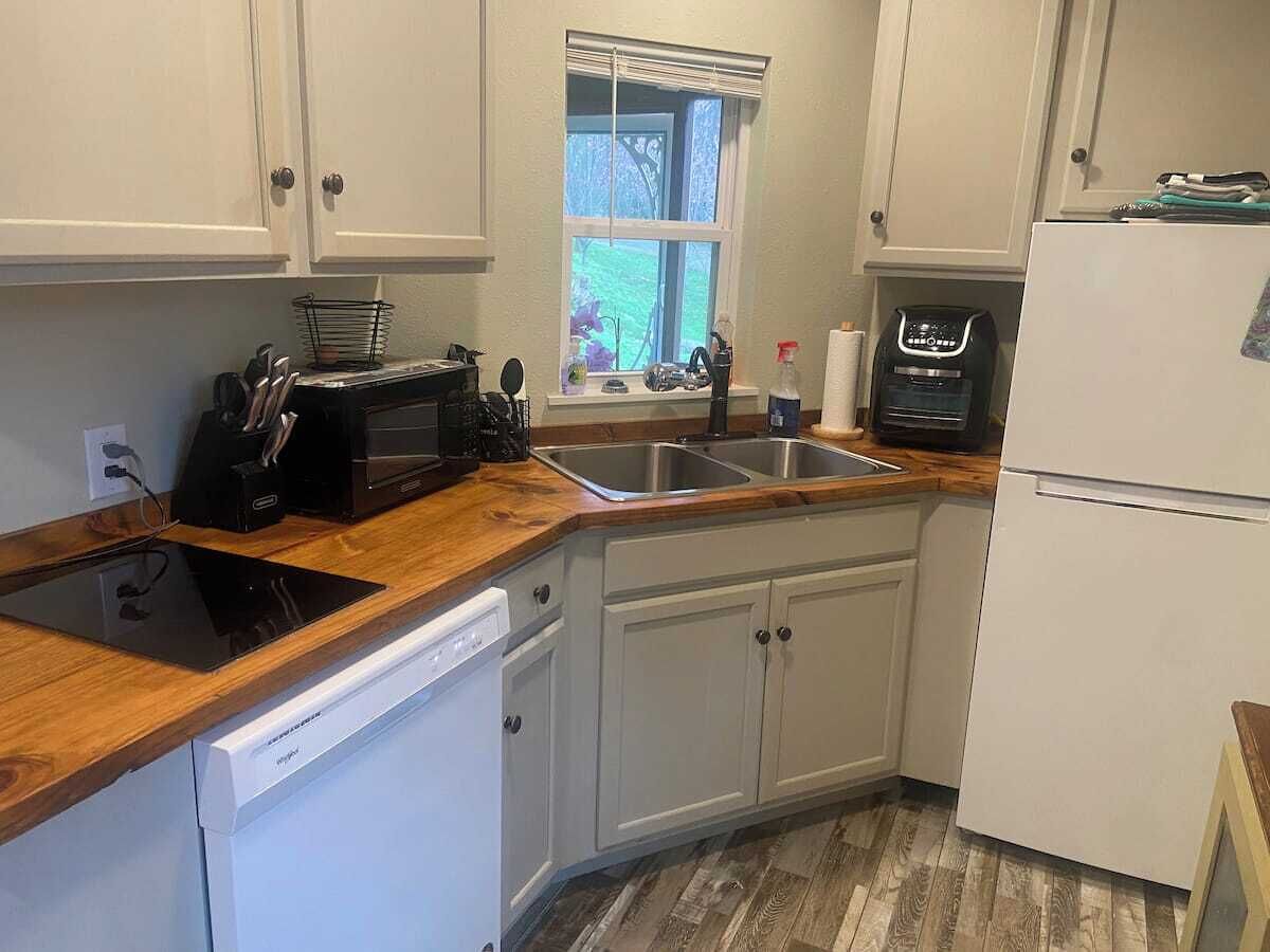 Een microgolfoven, een kookplaat, een vaatwasser