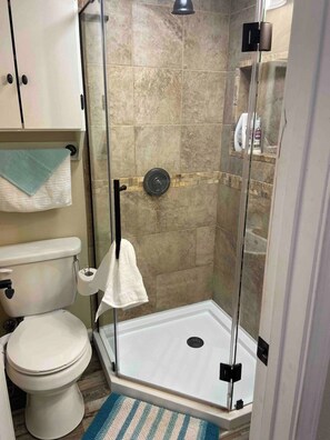 Shower, hair dryer, towels, soap