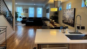 A modern kitchen with a white countertop, stainless steel sink, and a hanging pendant light. - Downtown rooftop, hot tub retreat adjacent to RiNo & Lodo Walk score of 95! (Denver)