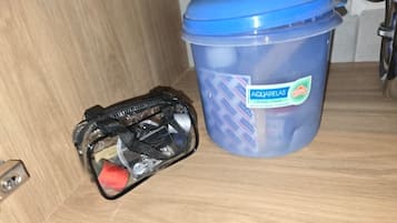 Hair dryer, towels, soap, toilet paper