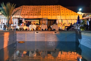 Outdoor pool, pool umbrellas, pool loungers