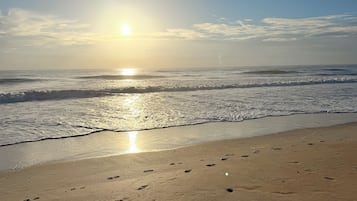 On the beach, sun loungers, beach towels