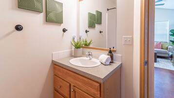 Regadera, secadora de cabello, toallas, jabón